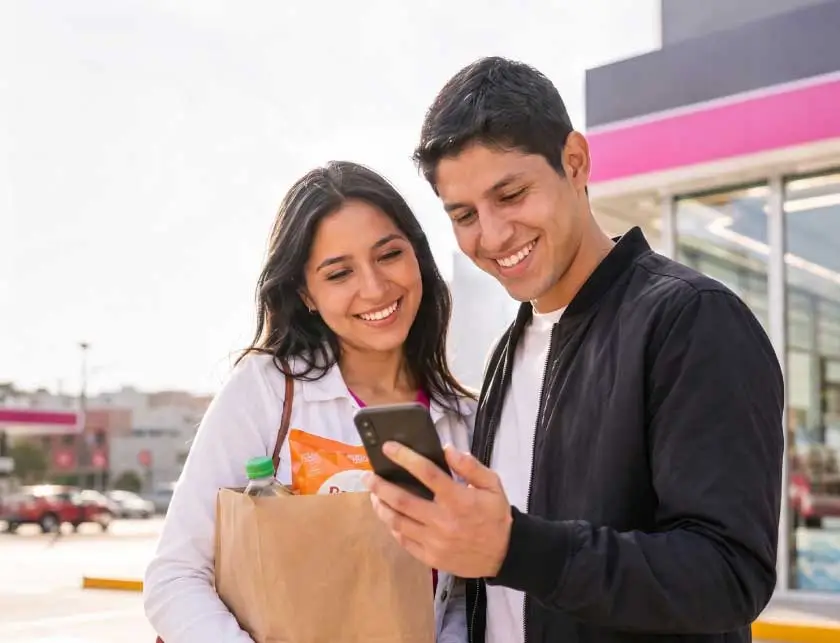 Mujer comprando en una tienda con su celular